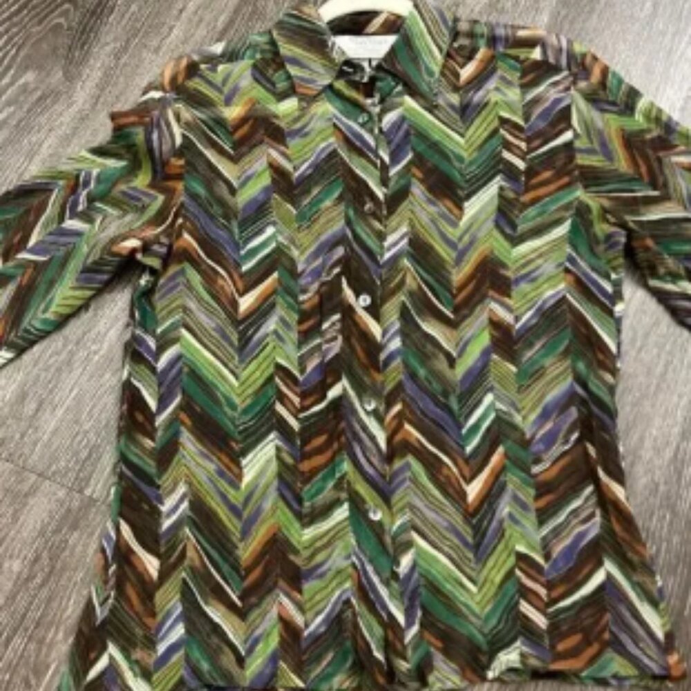 EUC Max Mara 100% Silk Sheer Button-Up Blouse Chevron Green Brown Purple Size 8